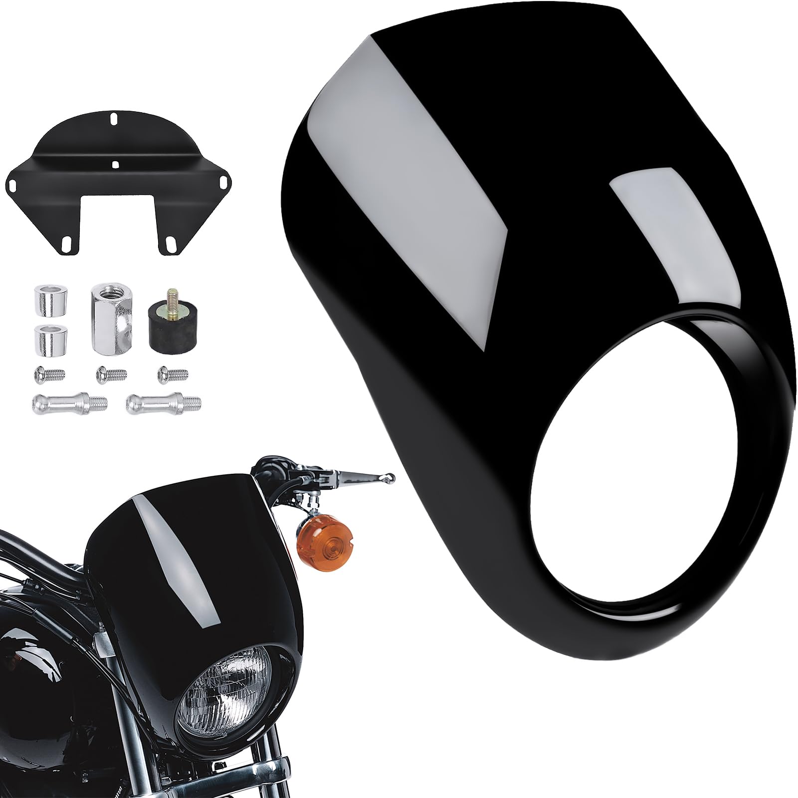 Photo 1 of Headlight Fairing for 1982-Up Sportster Dyna, Motorcycle Front Headlamp Visor Cowl Fairing Mask for Harley Davidson Sportster XL Iron 883 1200 SuperLow Dyna FXD Low Rider Super Glide (Gloss Black)