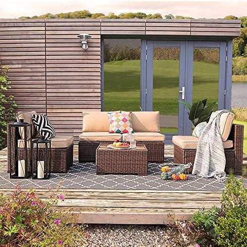 Patiorama 5PC Outdoor Conversation Set All Weather Wicker Patio Sectional Sofa Set with Loveseat Sofa Chair Ottoman Table, Beige