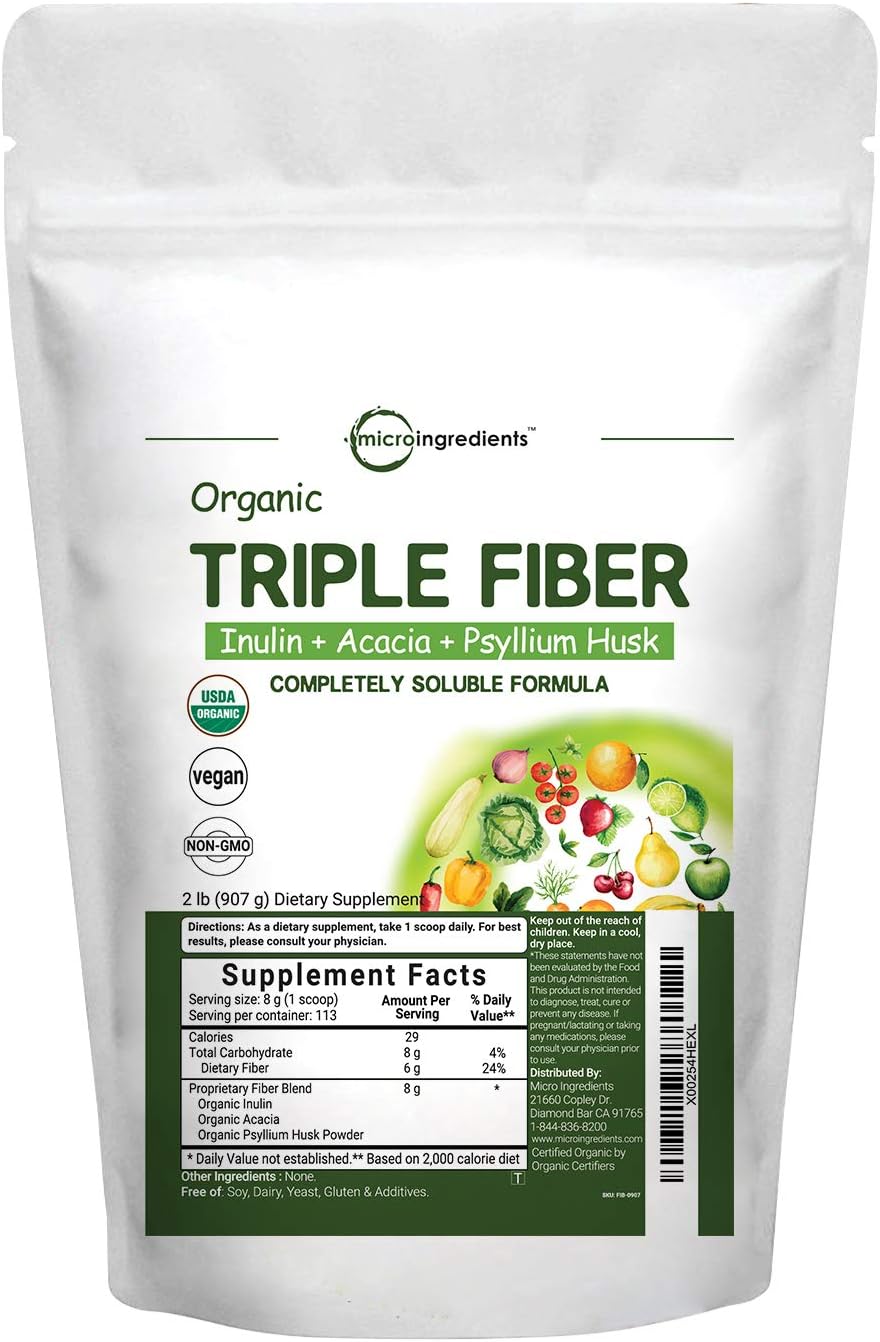 Organic Triple Soluble Fiber Powder (Inulin, Acacia, Psyllium Husk), 2 Pounds (32 Ounce), 3 in 1 Fiber Complex, Premium Fiber Prebiotics Supplement for Digestive Health, Water Soluble, Non-GMO, Vegan: Health & Personal Care