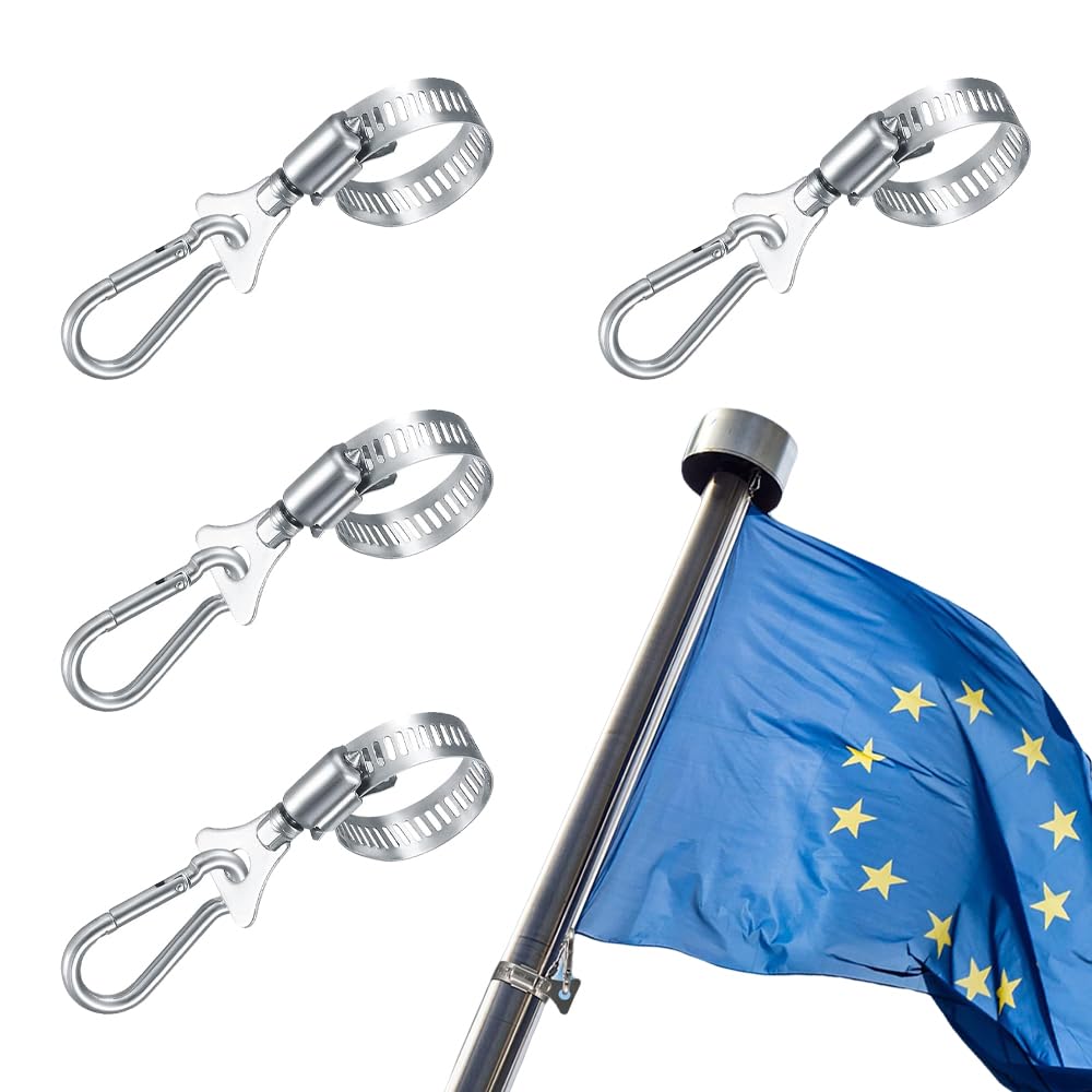 4 Sets Flag Pole Clip Snaps Hook Universal Stainless Steel Flag Pole Rings 0.75-1.14in Flag Pole Clips for Connect Fixed Flags Ropes Outside House Boat Yacht Truck Garden House