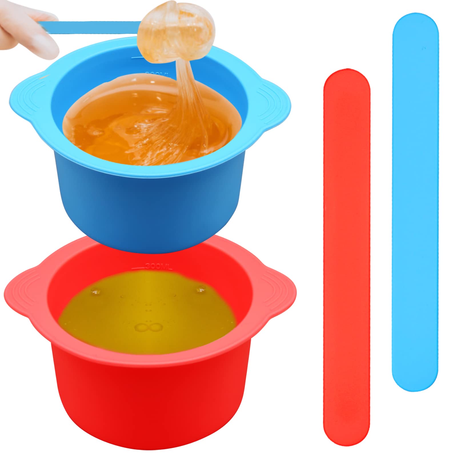 2 Silicone Wax Melt Liners & Non-Stick Reusable Hair Removal Wax Melt Bowls with 2 Sticks for Wax Warmer (Blue, Red)