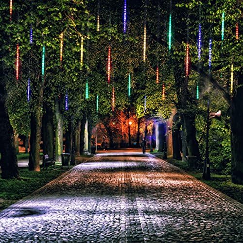 Christmas Lights Meteor Shower, LED Cascading Icicle Lights Dripping Raindrop Snow Falling 12in 8 Tubes 160LED Waterproof String Drop Rain Lights Shooting Star Lights for Wedding Xmas Home Decor RGB