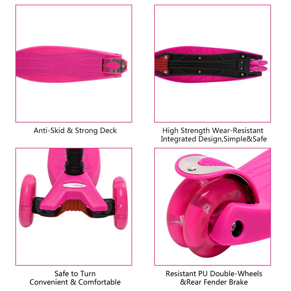 ChromeWheels Foldable Scooters for Kids, Deluxe Kick Scooter 4 Adjustable Height 132lbs Weight Limit 3 Wheel, Lean to Steer LED Light Up Wheels, Best Gifts for Girls Boys Age 3-12 Year Old