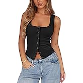 Pungdra Womens Ribbed Button Down Tank Tops for Women Trendy Knit Fitted Button Up Crop Vest Square Neck Cute Going Out Top