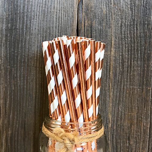 Rose Gold Solid and Stripe Foil Paper Straws - 7.75 Inches - 100 Pack - Outside the Box Papers Brand