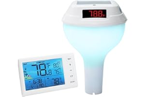 LANDTEK Solar Pool Thermometer Floating Easy Read - 4.4 inch Remote Indoor Monitor, IP68 Waterproof Wireless Pool Thermometer Water Temperature Gauge with RGB Solar Lights for Swimming Pools, Hot Tub, Spa