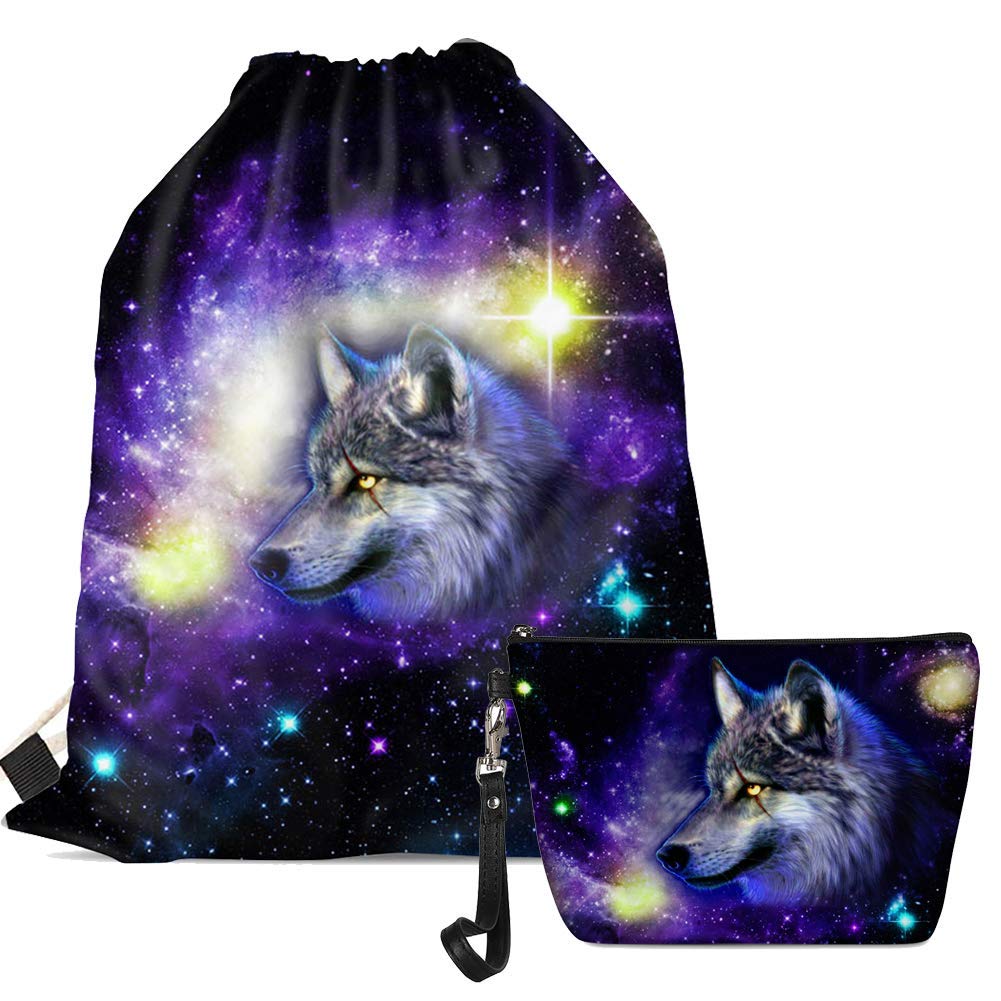 MODEGA Galaxy Wolf Drawstring Backpack Makeup Bag for Women Men Causal Sport PE Sackpack PU leather Cosmetic Bag 2pcs