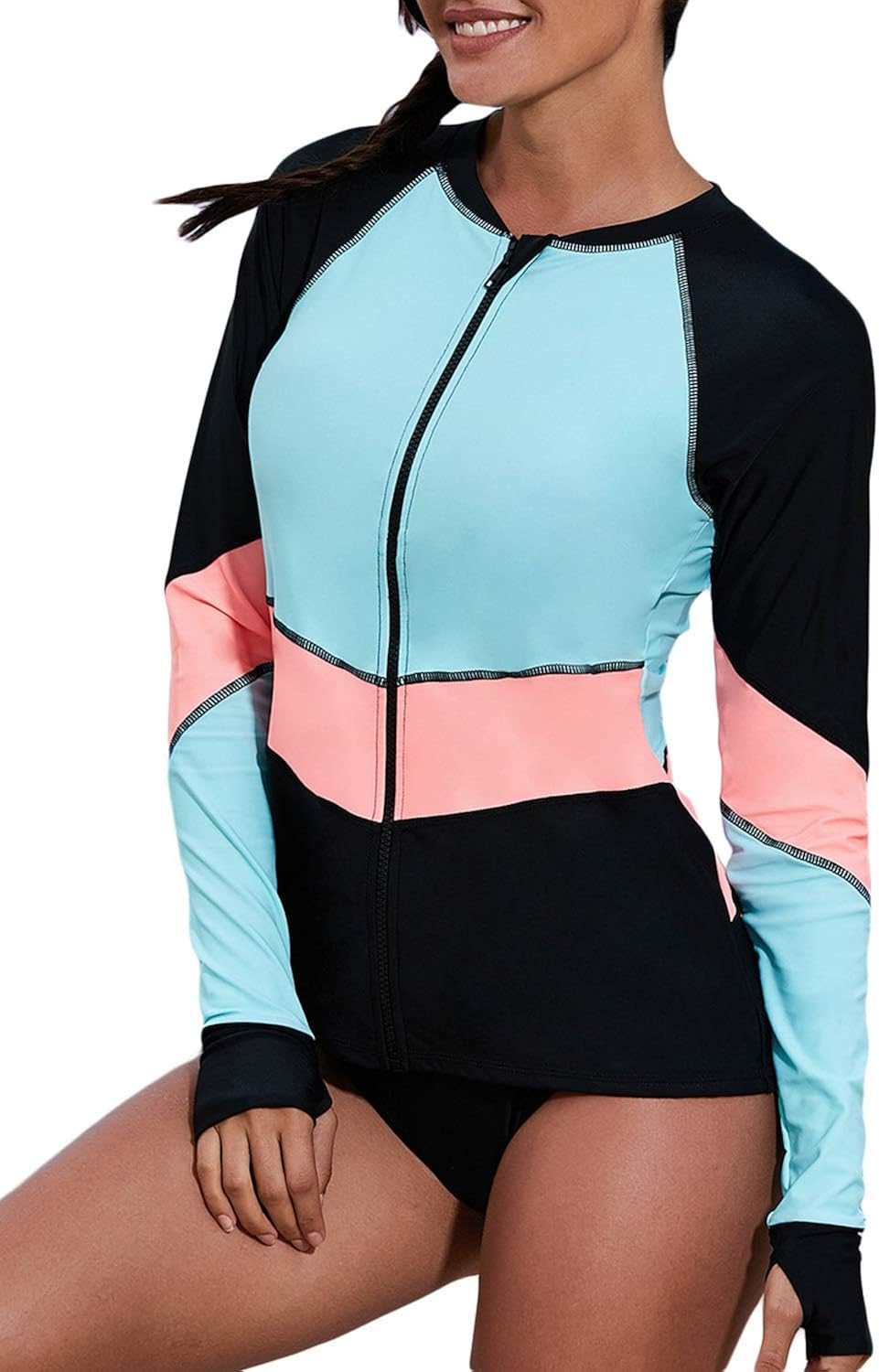 ROSKIKI Damen-Badeanzug, langärmelig, mit Reißverschluss, Patchwork