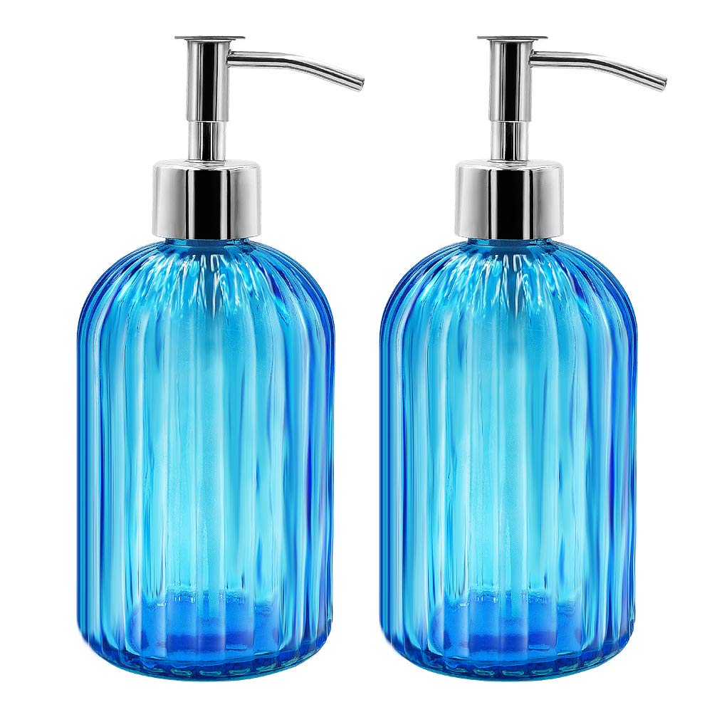 2 Pack Glass Soap Dispenser Bottle with Pump, 14 Oz Refillable Liquid Hand Jar Dispenser for Bathroom, Countertop, Kitchen, Laundry Room (Blue)