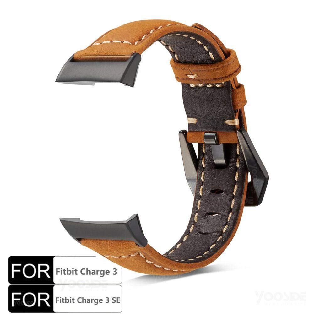 YOOSIDE Leather Bands for Fitbit Charge 3/Charge 4, Genuine Leather with Stainless Steel Clasp Wristband Strap for Fitbit Charge 4/4 Se (Brown)