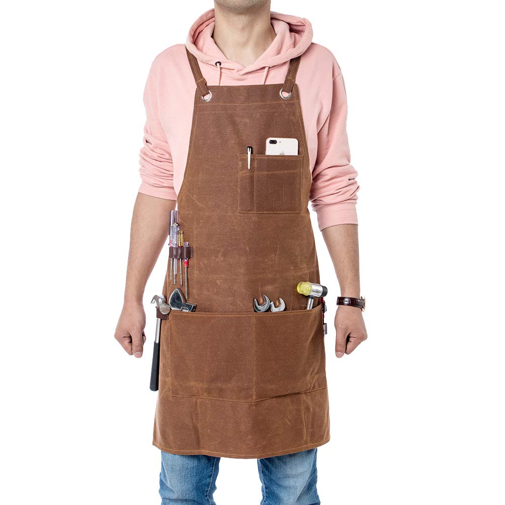 QEES Apron - Heavy Duty, Waterproof Workman Apron with 3 Large Pockets - Waxed Canvas, One Size Fits All, Unisex