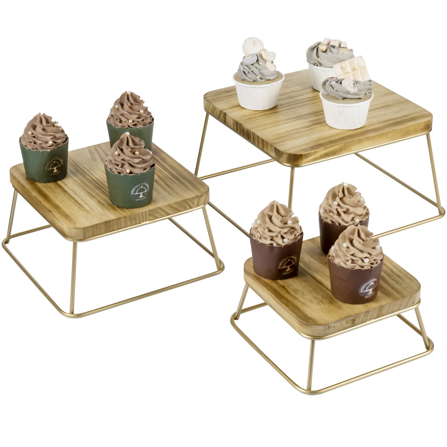Photo 1 of ** MISSING ONE STAND ** MyGift Large Square Burnt Natural Solid Wood and Gold Tone Metal Wire Cupcake Dessert Risers, Tabletop Nesting Pizza Food Serving Stands for Home Retail Event, 3 Piece Set