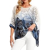 Ckikiou Womens Batwing Loose Chiffon Summer Blouse Tunic Floral Printed Boho Beach Cover ups