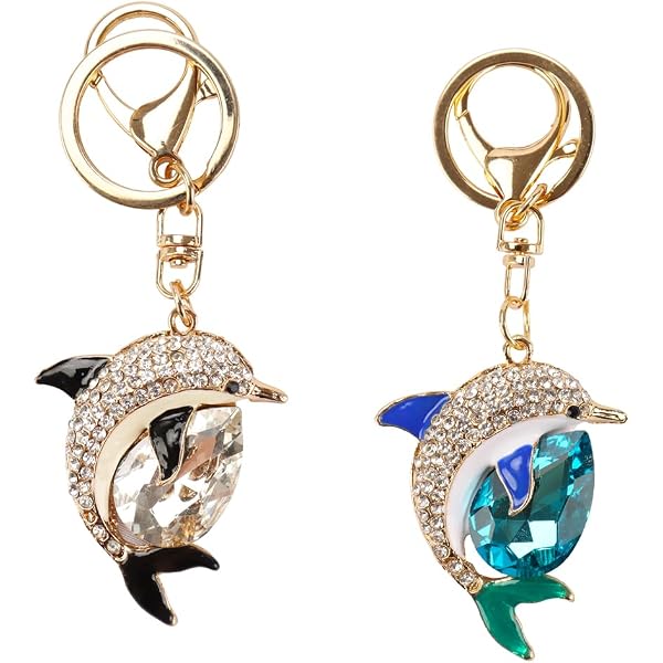 Surell Sparkly Pink Dolphin Keychain With Faux Fur Pom Pom - Fluffy Grey Pink Charm Keyring, Medium