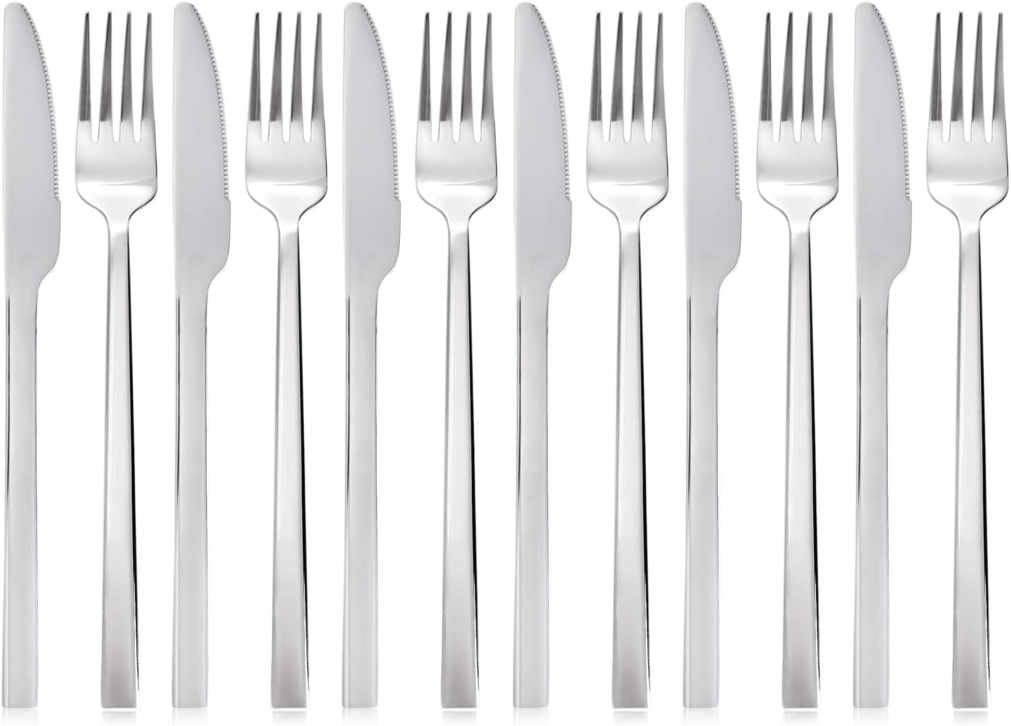 QUCHER 12 Stück 18/8 Besteckset aus Edelstahl, 6 × Tafelmesser - 6 × Gabel, pflegeleicht und spülmaschinenfest