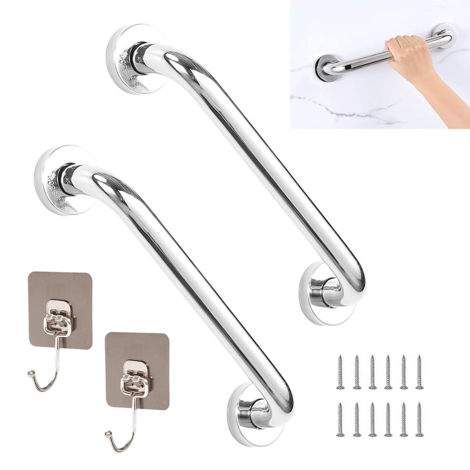 2 Pack Bathroom Grab Rail - 12inch Anti Slip Shower Grab Bar Handle, Stainless Steel Bathroom Balance Bar, Safety Grab Bars for Elderly Children Disability Aids, Safety Hand Rail Support(Silver)