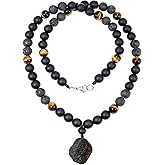 GENASTO Healing Stone Bead Necklace for Men Saffordite Cintamani Crystal Pendant Necklace with Tigers Eye Onyx, Natural Lava Beads Essential Oil Diffuser Jewelry Gift for Him