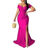 Women Sexy Off Shoulder Prom Evening Gowns Elegant V Neck Short Sleeve Wrap Formal High Split Wedding Guest Dress