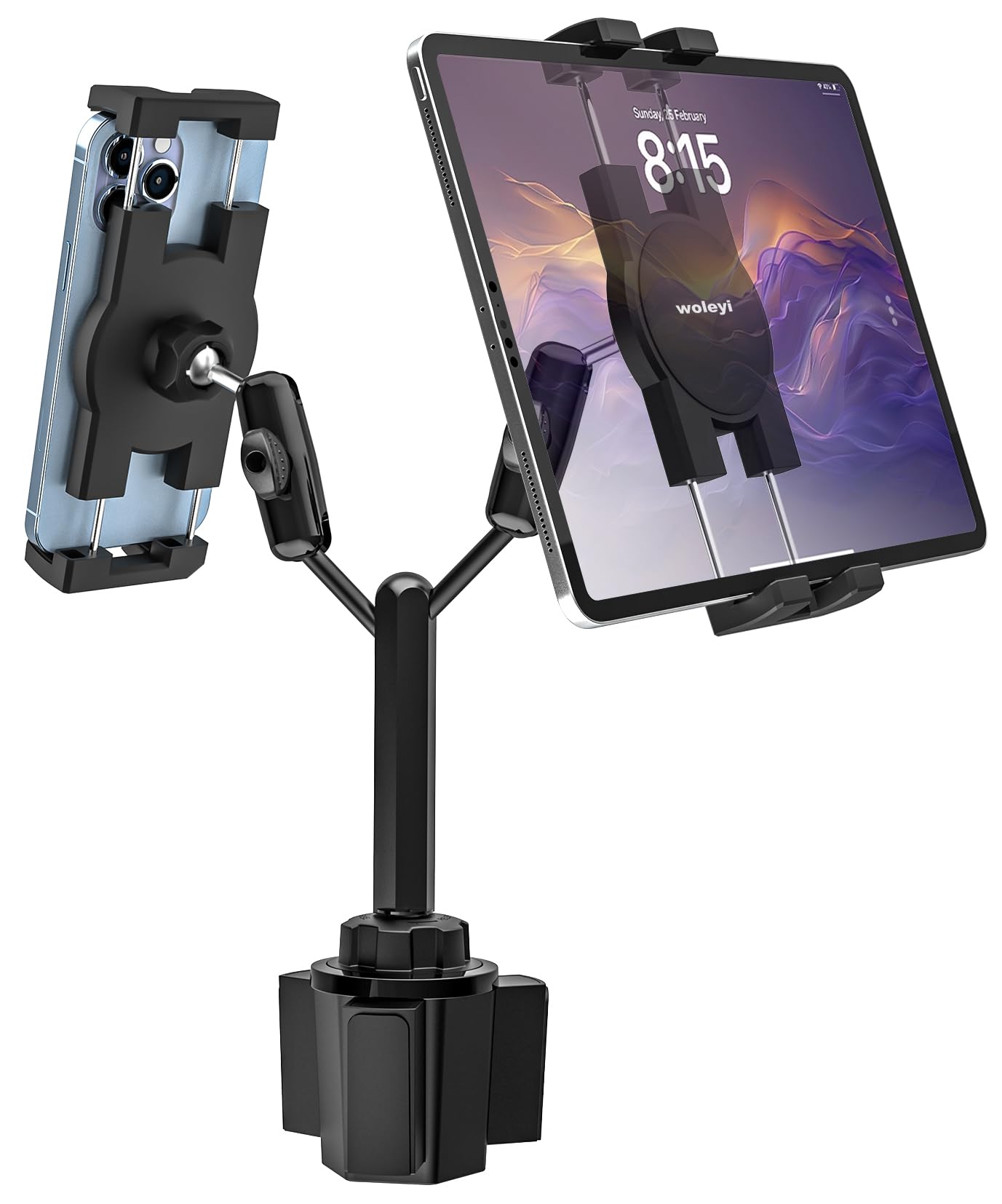 woleyi Dual Car Tablet Mount for Cup Holder [Double Device Clamp] Truck Cupholder Tablet Holder with Adjustable Metal Arm for iPad Mini Air Pro, Galaxy Tab, Surface, Fire, Phone, 4-12.9"