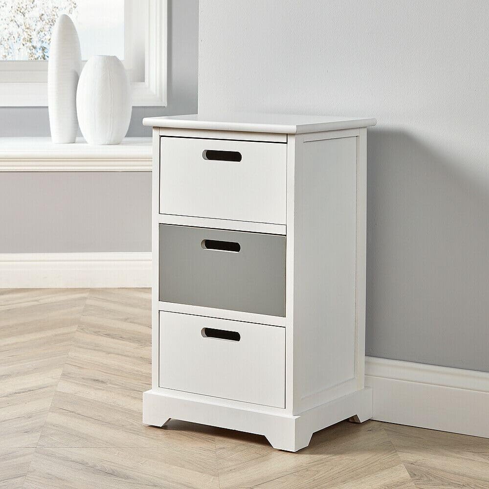 Home Source Chest Bedside Table, Wooden Home Storage Organiser, White and Grey, 3 Drawer