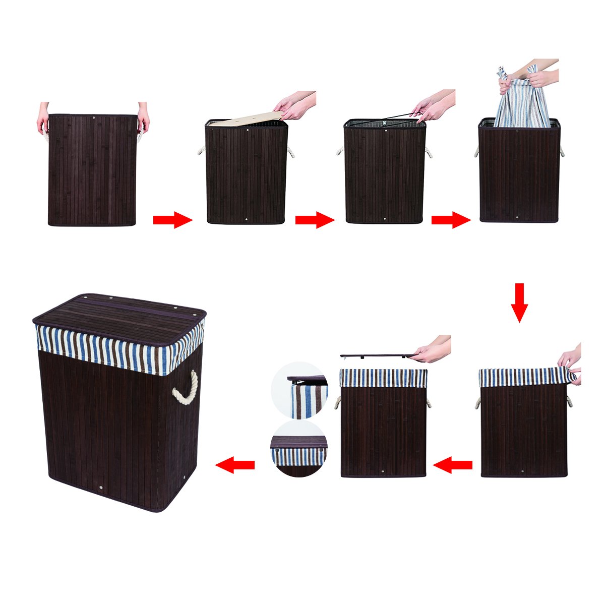 WOWLIVE Bamboo Laundry Hamper Lid Laundry Basket Rectangular Collapsible Organizer Dirty Clothes Washing Bin (40L)