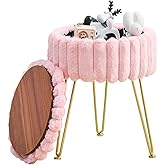 Wimarsbon Vanity Stool with Storage, Faux Fur Ottoman Chair with Metal Legs, Round Makeup Vanity Chair for Bedroom or Dressing Table, Modern Small Ottoman Seat (Pink)