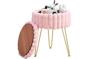 Wimarsbon Vanity Stool with Storage, Faux Fur Ottoman Chair with Metal Legs, Round Makeup Vanity Chair for Bedroom or Dressing Table, Modern Small Ottoman Seat (Pink)