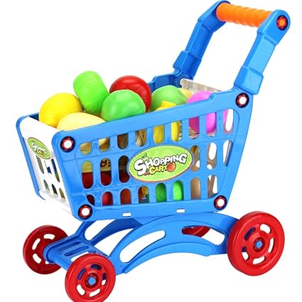 Thboxes Plastic Supermarket Toys Shopping Cart with Fruits Miniature Food Play Baby Early Educational Toy Blue