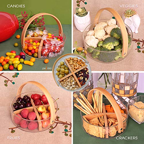 Glass Snack Serving Tray w/ Bamboo Divider, Sturdy Wood Handle, Perfect