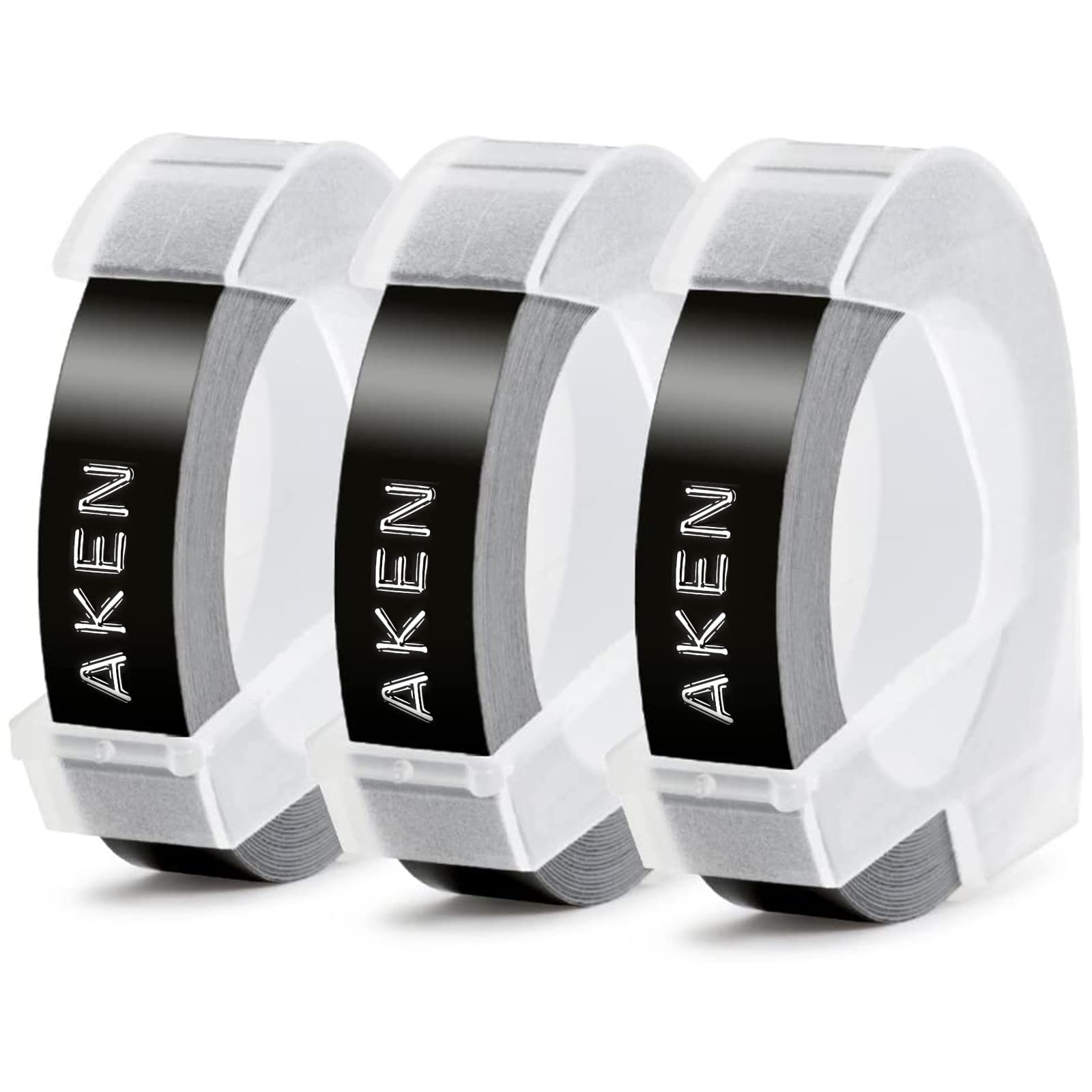 Aken Compatible with Dymo Embossing Label Tape Black Refill for Omega Label 9mm x 3m S0898130, 3D Self-Adhesive Tape White on Black for Dymo Omega Junior Embosser Maker, 3-Pack