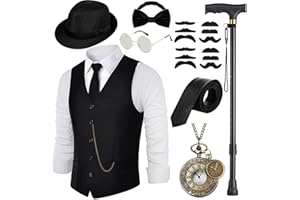 VillbeCoser 1920s Mens Vest Costume Roaring 20s Accessories, Foldable Metal Crutches Fedora Hat Halloween Party