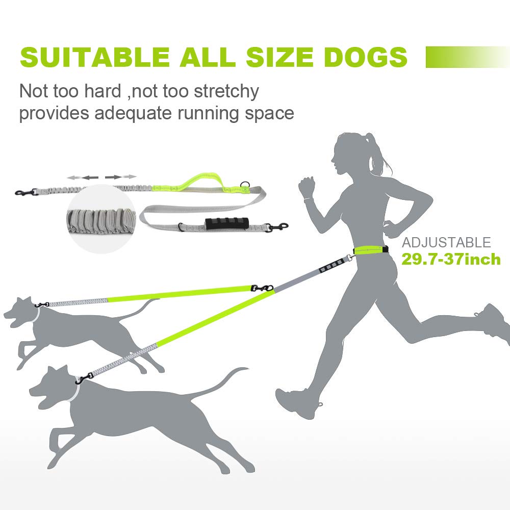 Dual Dog Leash Two Dog Lead with Waist Belt Bag Double Dog Leash Retractable Reflective Dog Leash Double Strong for 2 Dogs with Comfort Padded Handle Training Leash for Dogs Walking Running(1.7-1.9M)