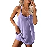 UNIANKIYA Womens Workout Romper Dress with Shorts Underneath Sleeveless Spaghetti Straps Athletic Outfits Casual Vacation