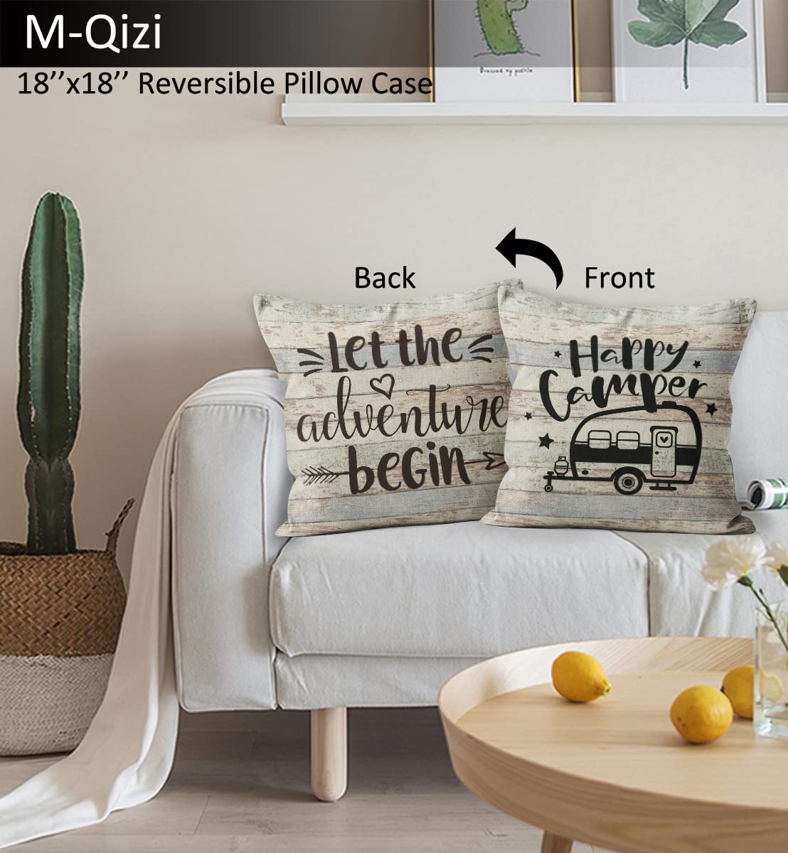 M-Qizi Welcome to Our Rolling Estate Decorative Doormat 17”X30”,Happy Camper Let The Adventure Begin Reversible Throw Pillowcase 18”X18”,2 Pieces Set(1 Pillow Cover 1 Doormat) Decor for Campsite RV - Image 3