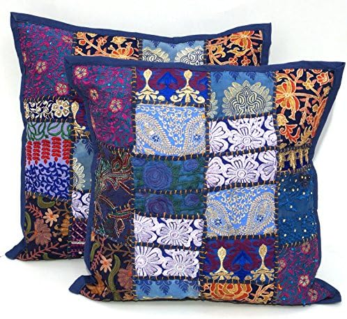 17x17" Handmade Sari Patchwork Pillow Cover , Ethnic Embroidered Cushion Cover 2pc Set Indian Patchwork Cushion Pillow