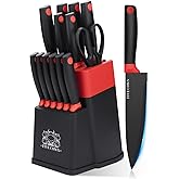 14 Pcs Kitchen Knife Block Set with Sharpener German High Carbon Stainless Steel Chef Knives, Razor-Sharp & Durable, Lightweight Anti-Slip Handle, Professional Set for Home & Kitchen (Red)