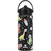 KEWIXY 18 oz Kids Dinosaur Water Bottle for School with Straw, Leak Proof, Stainless Steel with Easy Flip&Handle, Reusable, Metal, Insulated, Backpack-side Fit, for Boys Little Dino Fans (Dinosaur)
