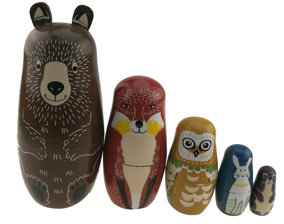 Winterworm Set of 5 Animal Theme Glossy Russian Doll Bear Fox Owl Rabbit Mole Handmade Doll Developing Skills Gift for Boy/Girl Idea