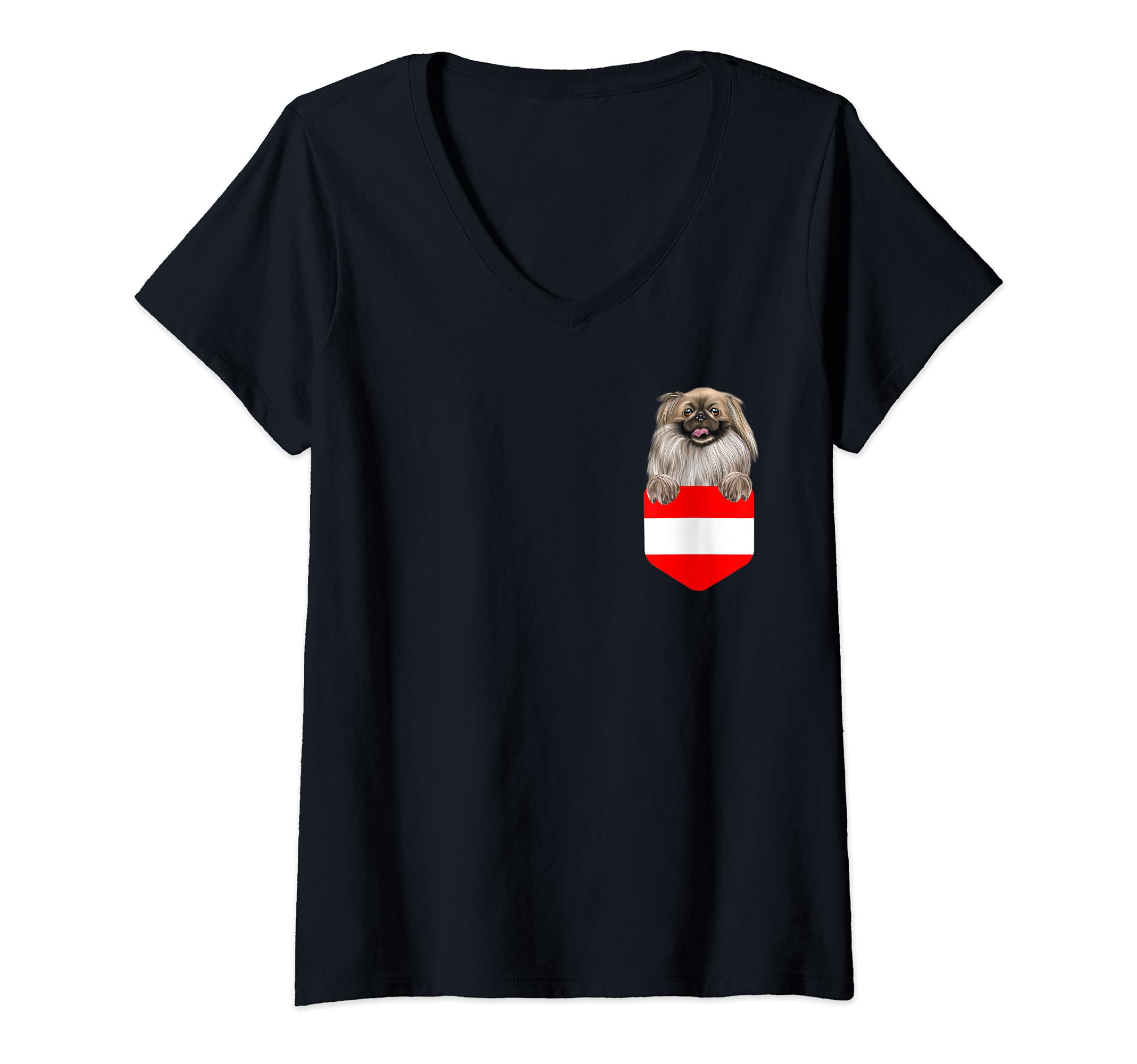 Womens Austria Flag Pekingese Dog In Pocket V-Neck T-Shirt