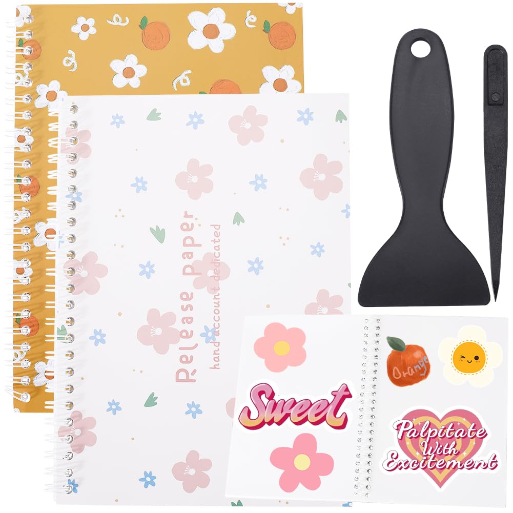 CRASPIRE 2 Books Sticker Collecting Album A5 Spiral Bound Notebook 32 Pages Flower Reusable Sticker Storage Book Notepads Labels with Plastic Spatula and Anti-Static Beading Tweezer Collection