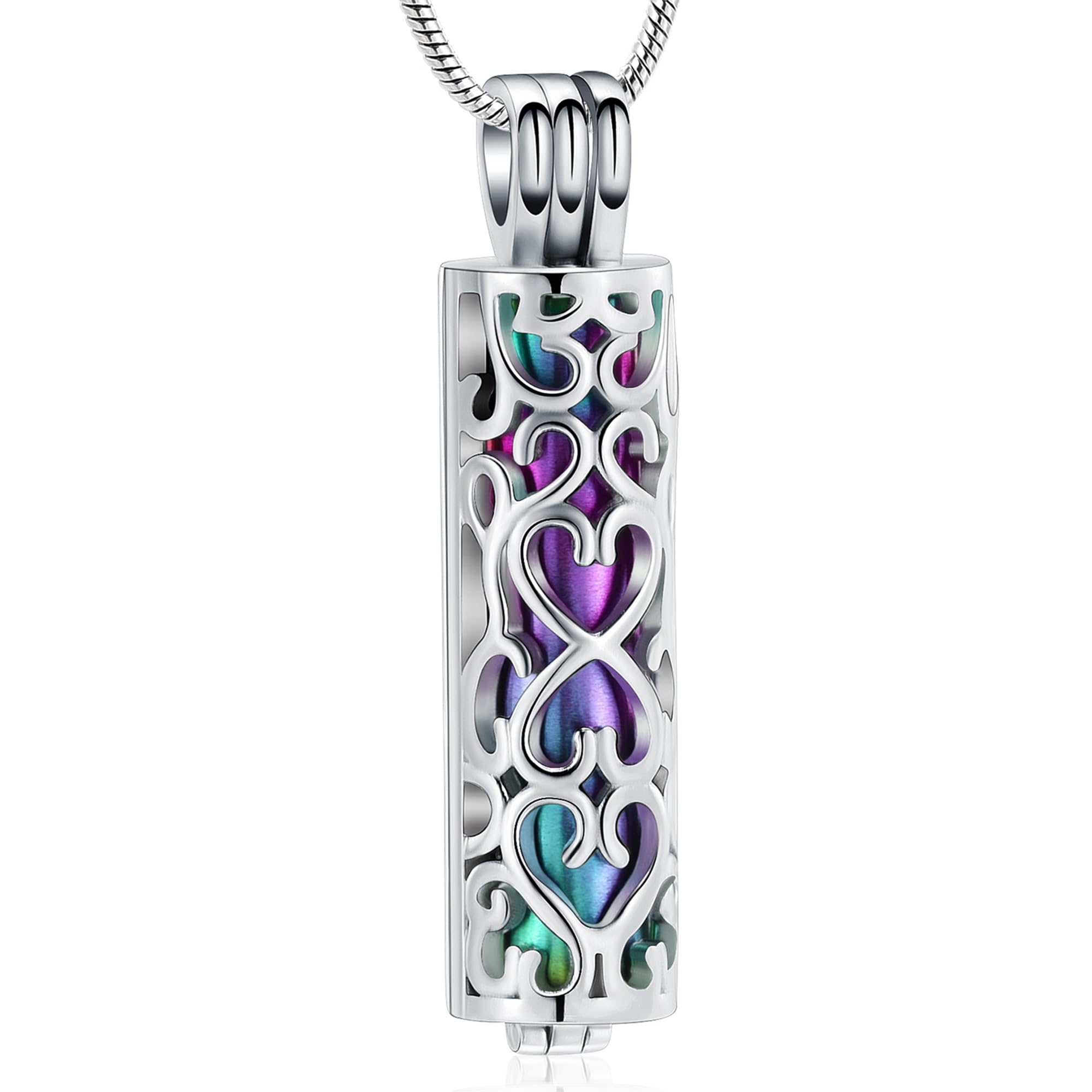 VCCWYQK Hollow Cylinder Urn Necklace for Ashes for Women Men Cremation Jewelry Keepsake Memorial Human Pet Ashes Pendant (Silver+Colorful)