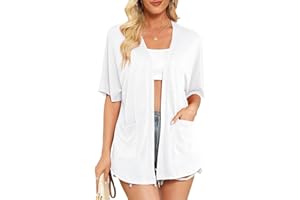 Veryoung Womens Lightweight Summer Cardigan Short Sleeve Cardigans Kimono Casual Loose Beach Coverup Curved Hem with Pockets