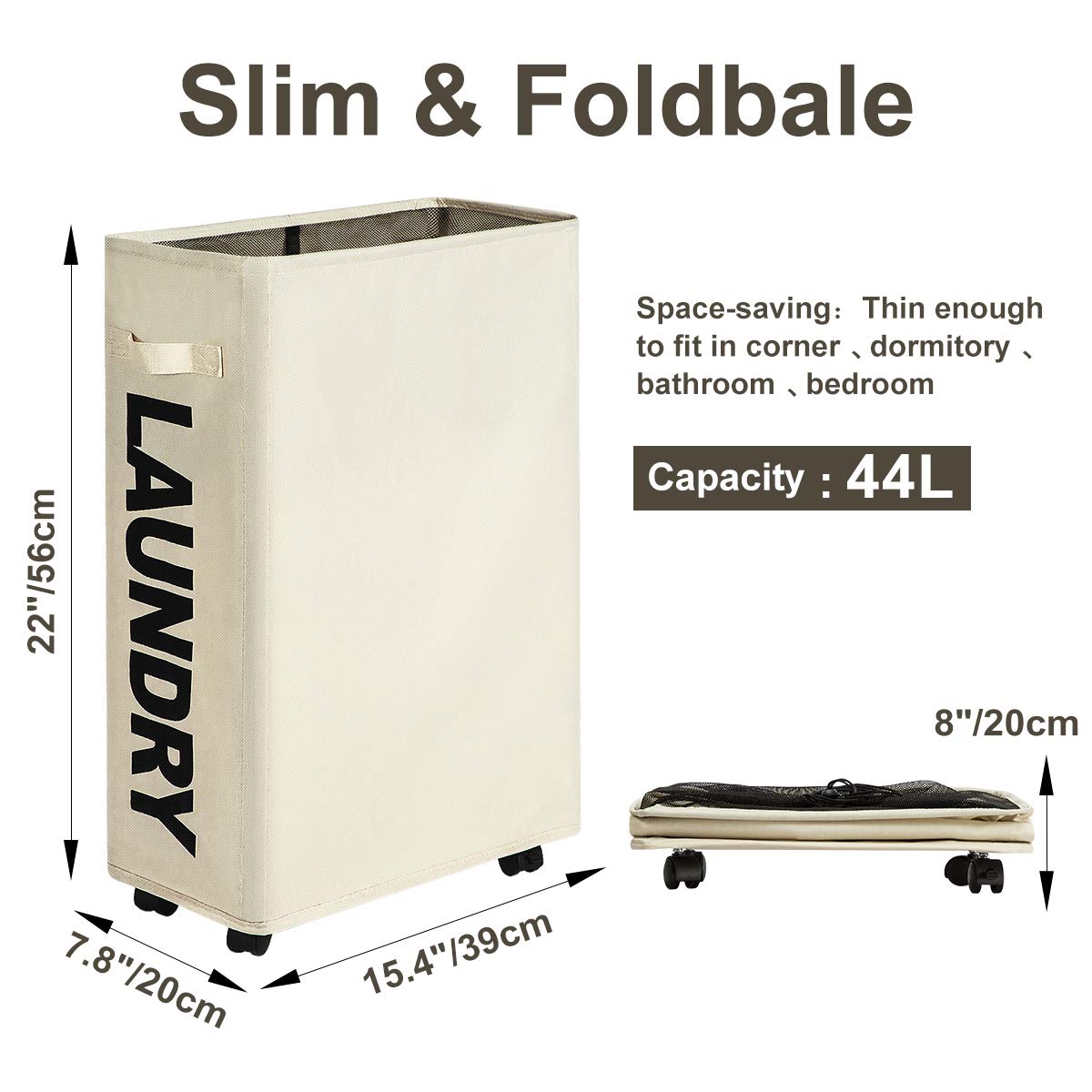 WOWLIVE Slim Laundry Basket Hamper on Wheels Collapsible Rolling Foldable Laundry Bin 44L（Beige）