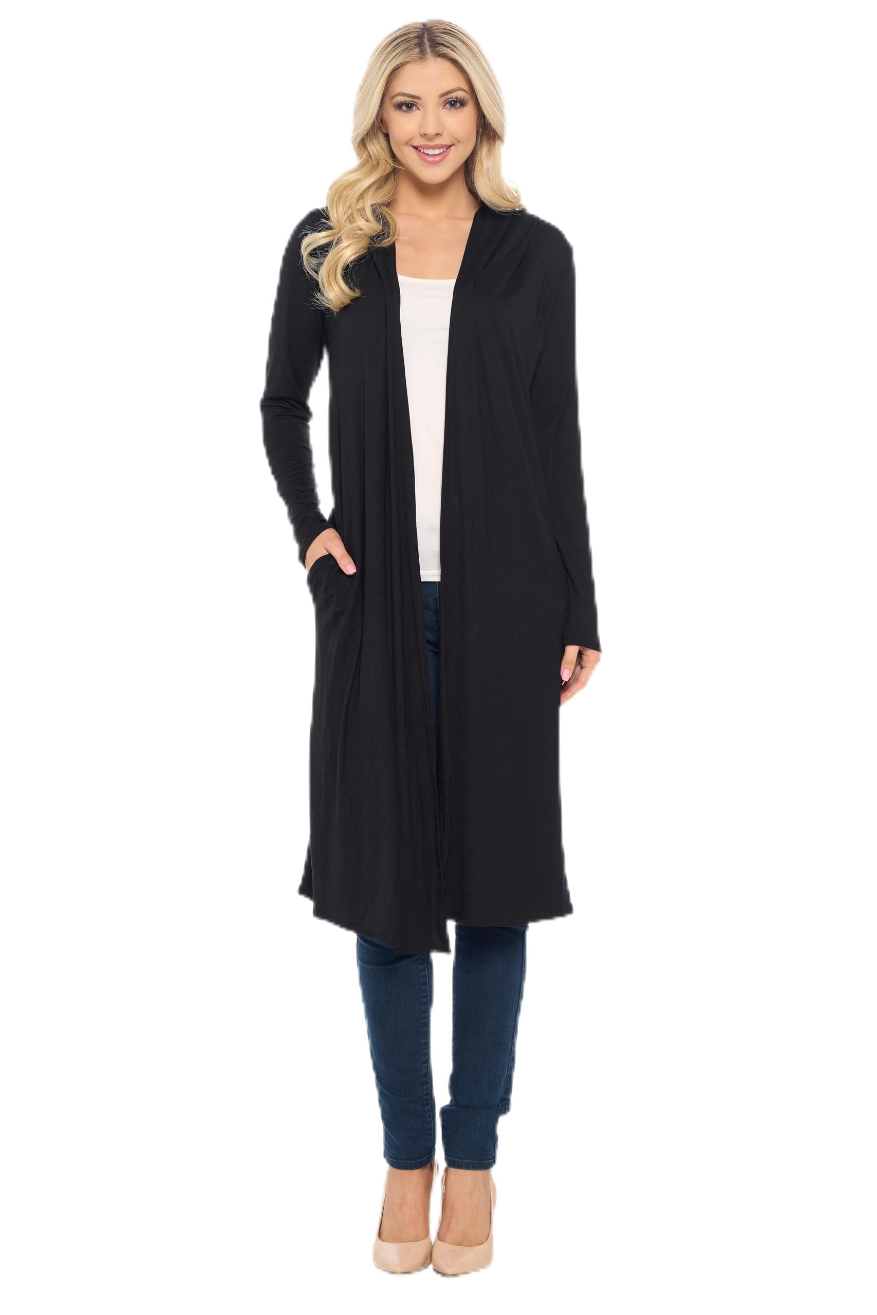 Photo 1 of Isaac Liev Women's Hooded Cardigans Maxi Long Duster Lightweight Hoodie Extra Long Open Front Women Trendy Cardigan with Hood & Pockets 205 BLK LR