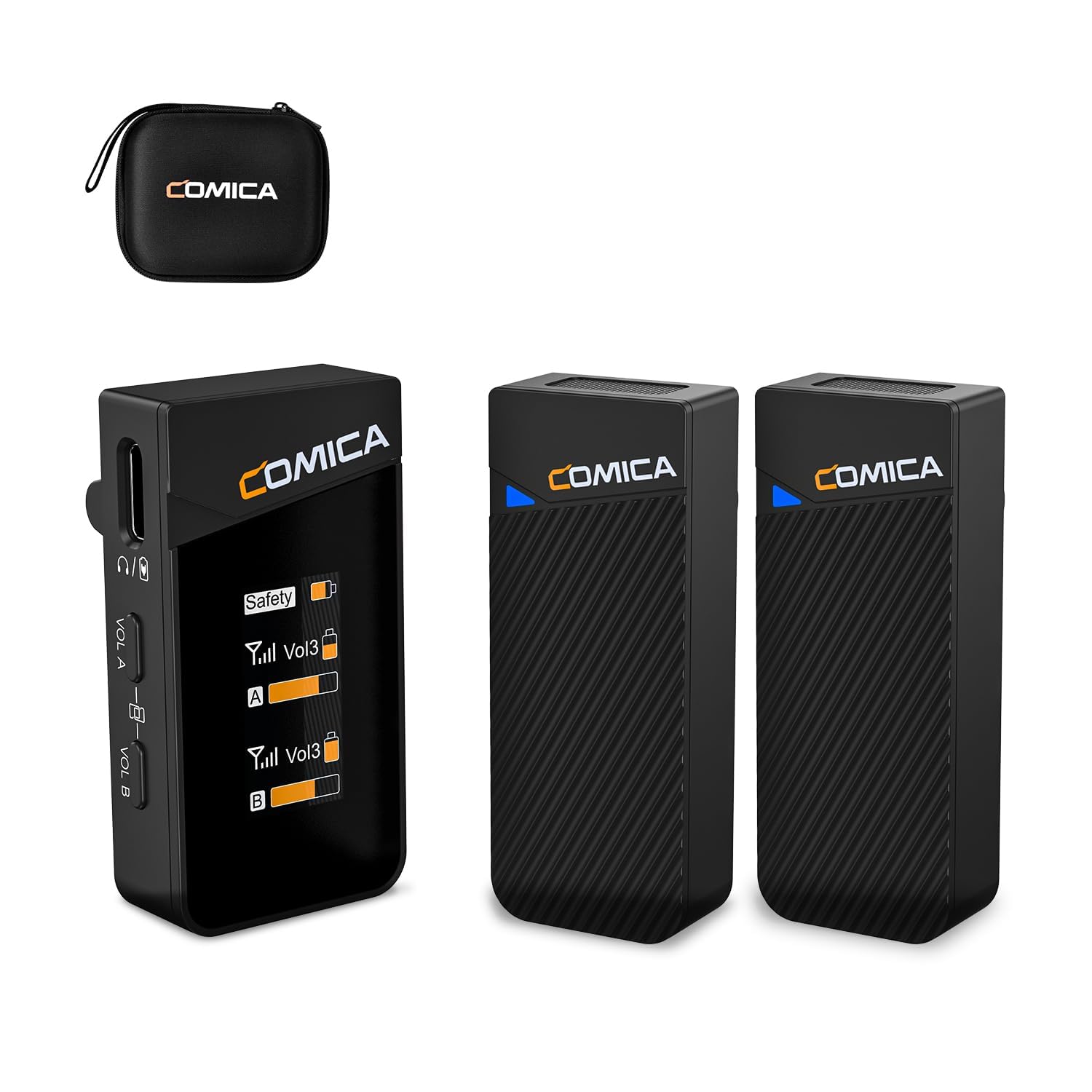 COMICA Vimo C2 Wireless Lavalier Microphone with Noise Cancellation, Safety Mode, IPS Reversible Display, Compact Wireless Lapel Mic for Android/DSLR Cameras/Computer/Live Streaming(2TX+1RX)