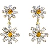 Daisy Flower Earrings for Women Glitter Crystal White Floral earrings Double Flower Drop Dangle Summer Earring Jewelry for Prom Party