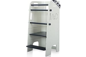 Heypappy Toddler Tower, 3 Levels Adjustable Height Toddlers Standing Tower, Wooden Toddlers Kitchen Stool for Kids with Removable Safety Rail, Closed Back & Anti-Slip Strips, White