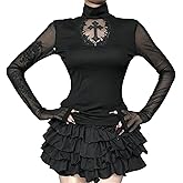 Inpunktoo Goth Turtleneck T Shirt for Women Sheer Y2k Punk Rave Grunge Emo See Through Long Sleeve Mock Neck Vampire