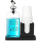 Glass Mouthwash Dispenser for Bathroom, 16 OZ Mouthwash Dispenser with Pour Spout and Wood Cup Holder and Tray, Mouth Wash Bottle Container, Black Kitchen Bathroom Decor and Accessories