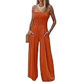 AUXDIO Womens Casual Strapless Summer Jumpsuits Loose Off Shoulder Smocked Sleeveless Wide Leg Romper with Pockets